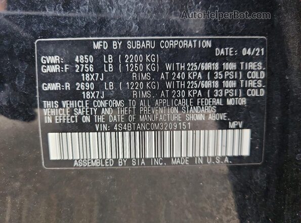 4S4BTANC0M3209151 2021 SUBARU OUTBACK Black Вид наклейки з VIN-кодом