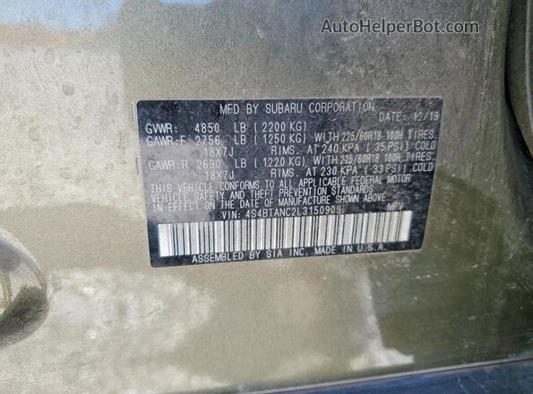 4S4BTANC2L3150909 2020 SUBARU OUTBACK Green Vista de la etiqueta del VIN