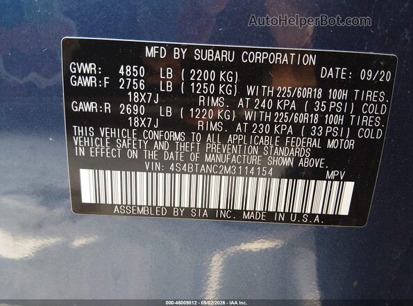 4S4BTANC2M3114154 2021 SUBARU OUTBACK Blue Engine compartment view
