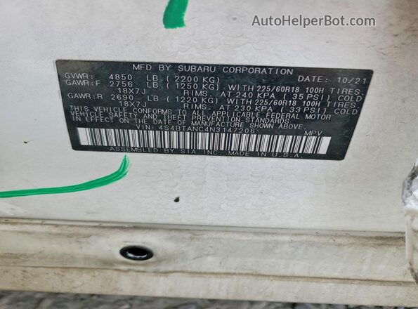 4S4BTANC4N3147206 2022 SUBARU OUTBACK White Սալոնի 360 աստիճան տեսք