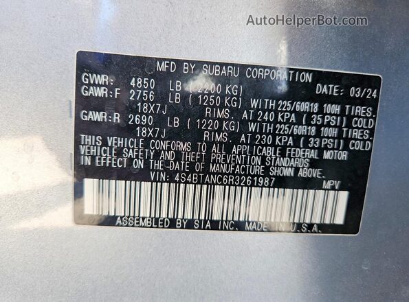 4S4BTANC6R3261987 2024 SUBARU OUTBACK Silver Vista de la etiqueta del VIN