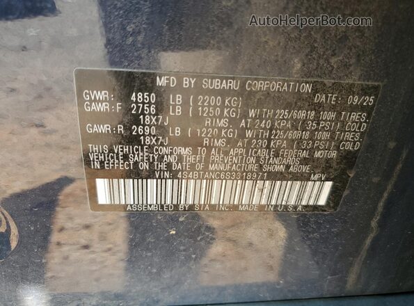 4S4BTANC6S3318971 2025 SUBARU OUTBACK Blue VIN կոդի պիտակի տեսք