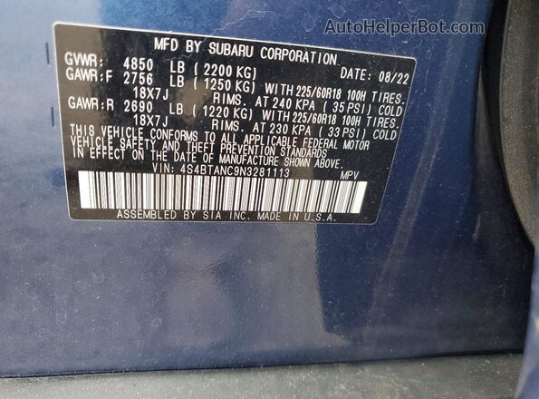 4S4BTANC9N3281113 2022 SUBARU OUTBACK Синий Вид подкапотного пространства