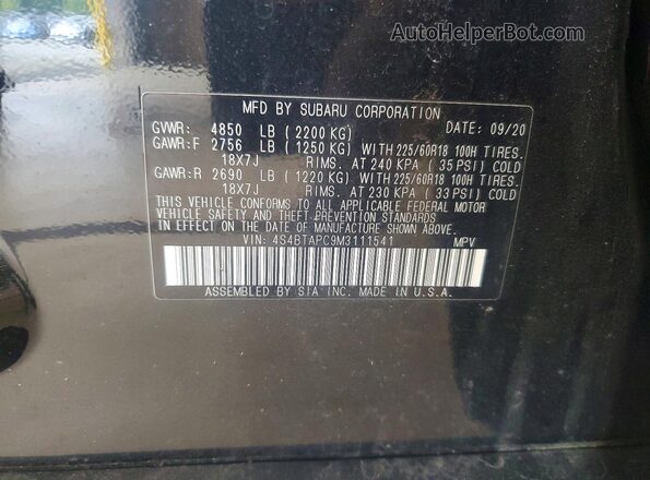 4S4BTAPC9M3111541 2021 SUBARU OUTBACK Black VIN კოდის სტიკერის ხედი