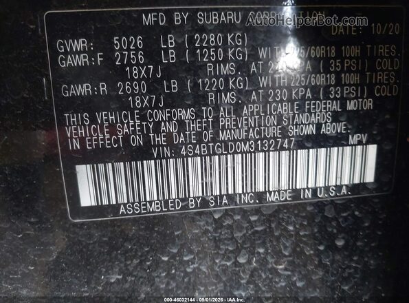 4S4BTGLD0M3132747 2021 SUBARU OUTBACK Black ძრავის განყოფილების ხედი