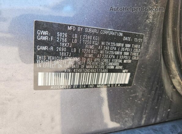 4S4BTGND4N3175485 2022 SUBARU OUTBACK Gray Vista del compartimento del motor