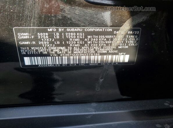 4S4BTGUD3N3278186 2022 SUBARU OUTBACK Black Շարժիչի բաժամունքի տեսք