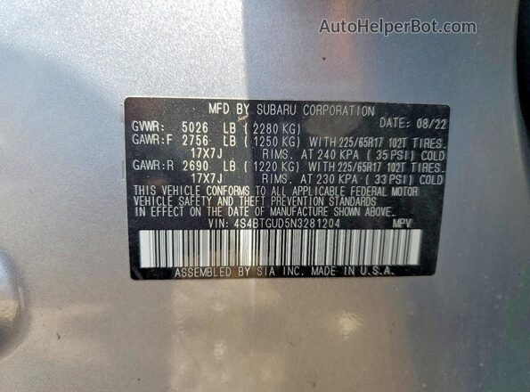4S4BTGUD5N3281204 2022 SUBARU OUTBACK Silver Вид наклейки з VIN-кодом