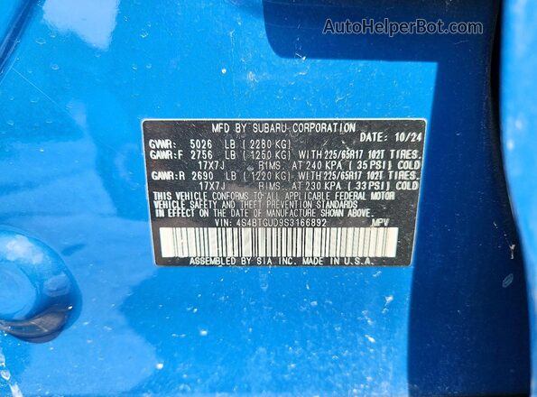 4S4BTGUD9S3166892 2025 SUBARU OUTBACK Синий Вид наклейки с VIN-кодом
