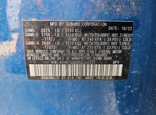 4S4BTGUDXP3124223 2023 SUBARU OUTBACK Blue Vista de la etiqueta del VIN