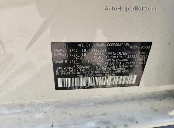 4S4GUHD68T3750079 2026 SUBARU CROSSTREK White VIN sticker view