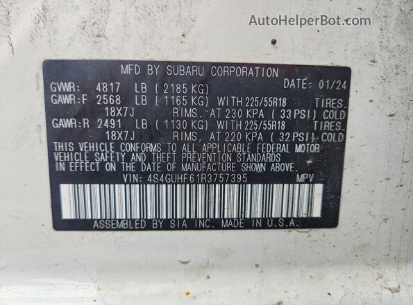 4S4GUHF61R3757395 2024 SUBARU CROSSTREK White Widok naklejki z numerem VIN