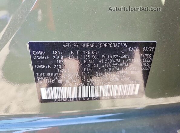 4S4GUHF6XT3760495 2026 SUBARU CROSSTREK Green VIN կոդի պիտակի տեսք