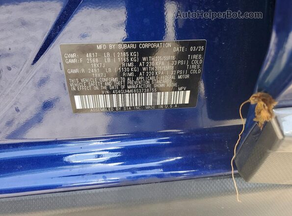 4S4GUHM68S3738755 2025 SUBARU CROSSTREK Blue VIN კოდის სტიკერის ხედი