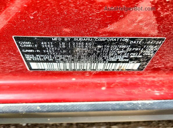 4S4GUHU62R3792899 2024 SUBARU CROSSTREK Red Widok naklejki z numerem VIN