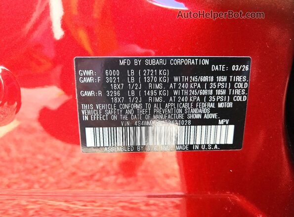 4S4WMAAD4T3421028 2026 SUBARU ASCENT Red Widok naklejki z numerem VIN