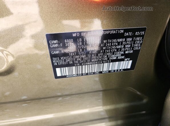 4S4WMADD4S3416731 2025 SUBARU ASCENT Green VIN կոդի պիտակի տեսք
