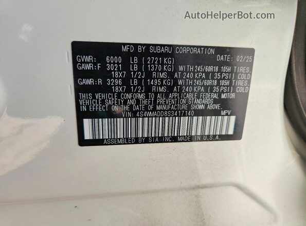 4S4WMADD8S3417140 2025 SUBARU ASCENT White Vista interior de 360 grados