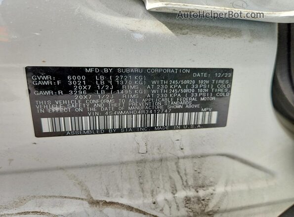 4S4WMAHD4R3412747 2024 SUBARU ASCENT White Widok naklejki z numerem VIN