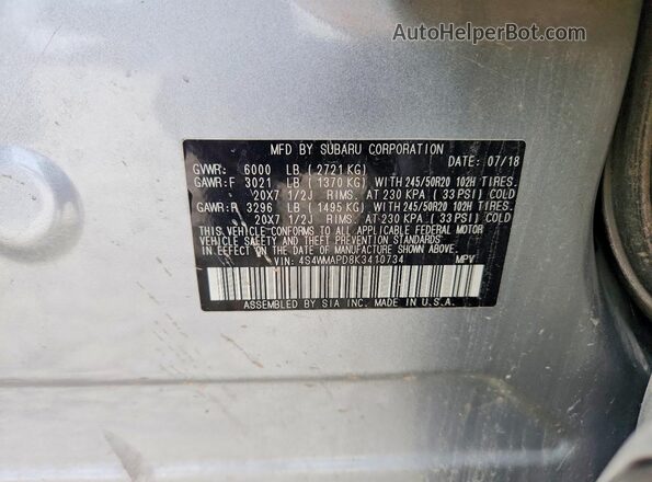 4S4WMAPD8K3410734 2019 SUBARU ASCENT Серебряный Вид наклейки с VIN-кодом