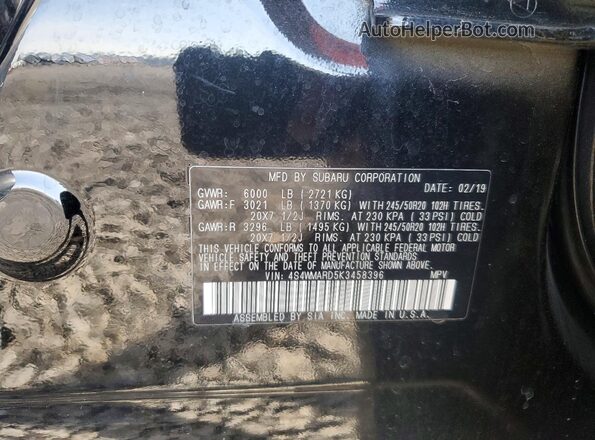 4S4WMARD5K3458396 2019 SUBARU ASCENT Черный Вид наклейки с VIN-кодом