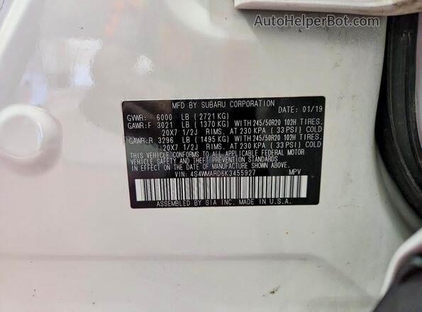 4S4WMARD6K3455927 2019 SUBARU ASCENT White VIN კოდის სტიკერის ხედი