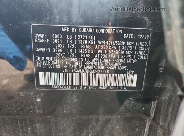 4S4WMARD8M3427646 2021 SUBARU ASCENT Black VIN კოდის სტიკერის ხედი