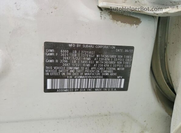 4S4WMARD8N3448966 2022 SUBARU ASCENT Белый Вид наклейки с VIN-кодом