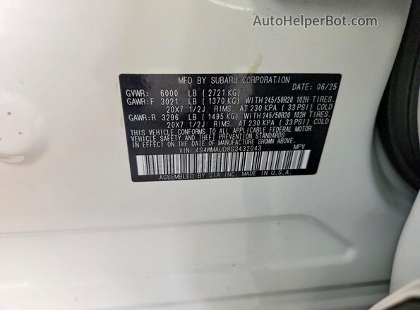 4S4WMAUD8S3432043 2025 SUBARU ASCENT White VIN կոդի պիտակի տեսք