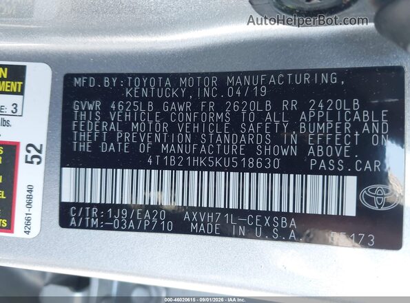 4T1B21HK5KU518630 2019 TOYOTA CAMRY HYBRID Silver ძრავის განყოფილების ხედი