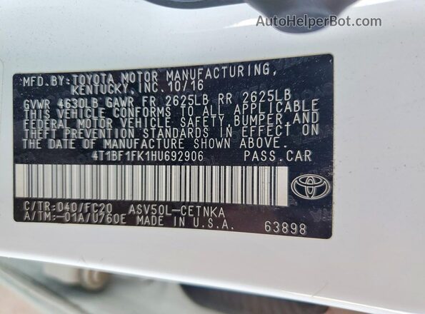 4T1BF1FK1HU692906 2017 TOYOTA CAMRY White Widok komory silnika