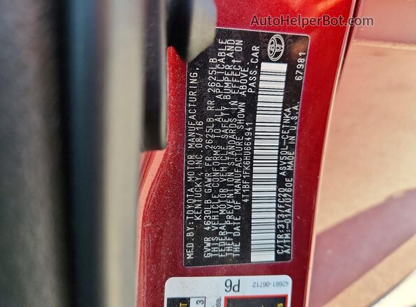 4T1BF1FK6HU664941 2017 TOYOTA CAMRY Maroon Widok naklejki z numerem VIN