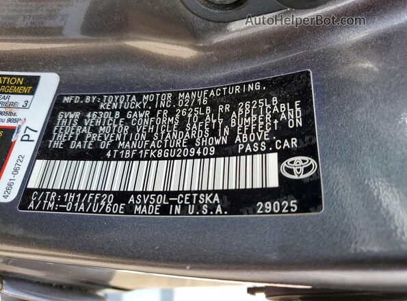 4T1BF1FK8GU209409 2016 TOYOTA CAMRY Gray Շարժիչի բաժամունքի տեսք