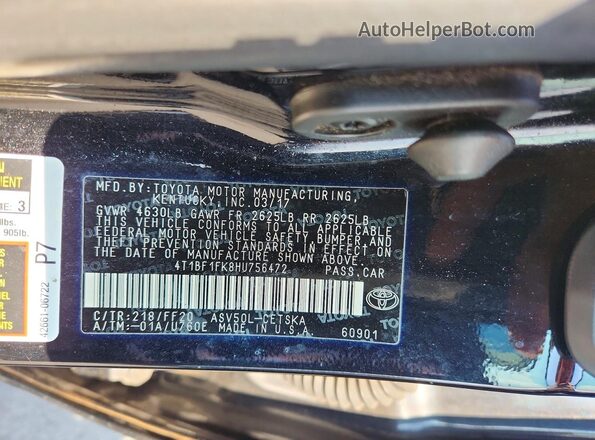 4T1BF1FK8HU756472 2017 TOYOTA CAMRY Black ძრავის განყოფილების ხედი