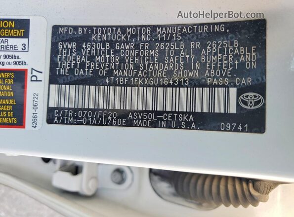 4T1BF1FKXGU164313 2016 TOYOTA CAMRY White VIN sticker view