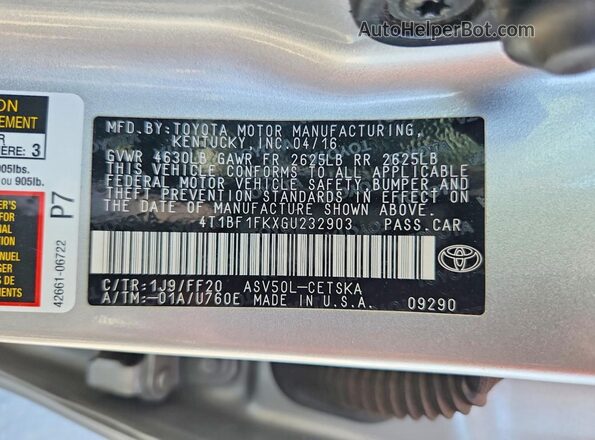 4T1BF1FKXGU232903 2016 TOYOTA CAMRY Silver Вид підкапотного простору