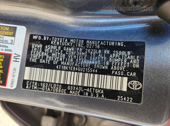 4T1BK1EB4GU215544 2016 TOYOTA AVALON Gray Вид підкапотного простору