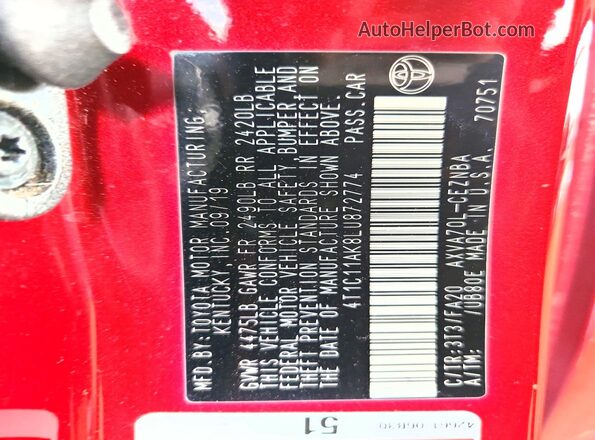 4T1C11AK8LU872774 2020 TOYOTA CAMRY Maroon Vista del compartimento del motor
