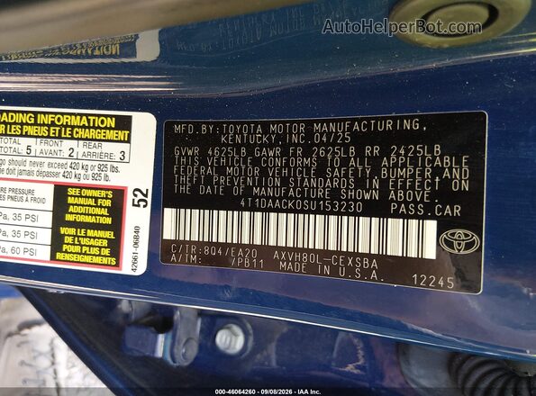 4T1DAACK0SU153230 2025 TOYOTA CAMRY Синий Вид подкапотного пространства