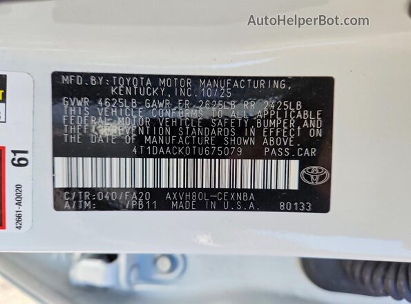 4T1DAACK0TU675079 2026 TOYOTA CAMRY White Engine compartment view