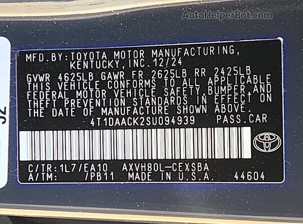 4T1DAACK2SU094939 2025 TOYOTA CAMRY Charcoal Widok naklejki z numerem VIN