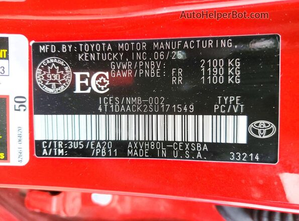4T1DAACK2SU171549 2025 TOYOTA CAMRY Red VIN sticker view