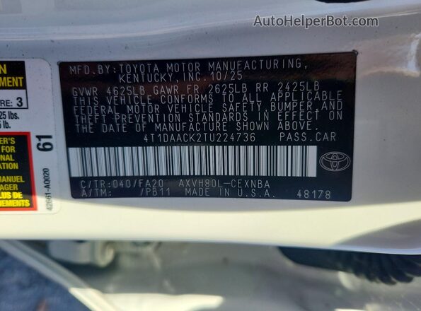 4T1DAACK2TU224736 2026 TOYOTA CAMRY White Вид підкапотного простору