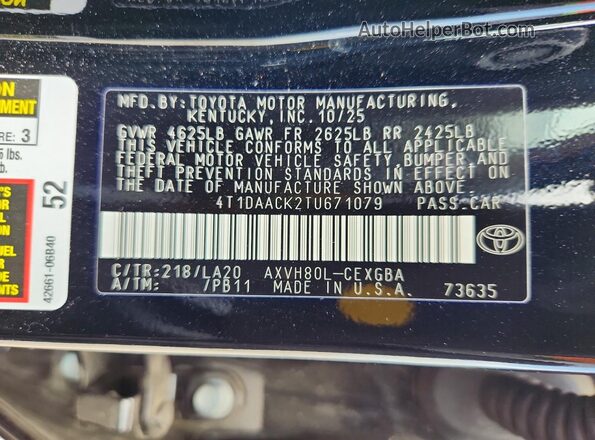 4T1DAACK2TU671079 2026 TOYOTA CAMRY Black VIN sticker view