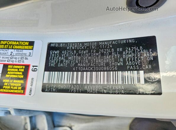 4T1DAACK3SU086056 2025 TOYOTA CAMRY Белый Вид подкапотного пространства