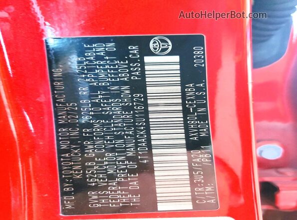 4T1DAACK4SU116729 2025 TOYOTA CAMRY Красный Вид наклейки с VIN-кодом