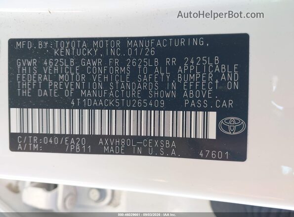 4T1DAACK5TU265409 2026 TOYOTA CAMRY Белый Вид спереди