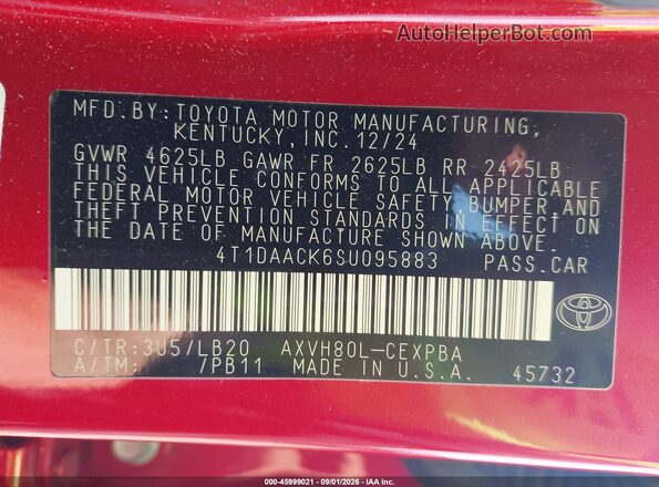 4T1DAACK6SU095883 2025 TOYOTA CAMRY Red Շարժիչի բաժամունքի տեսք