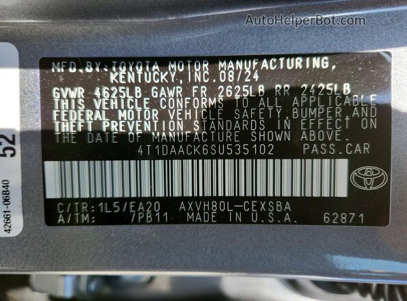 4T1DAACK6SU535102 2025 TOYOTA CAMRY Gray Vista de la etiqueta del VIN