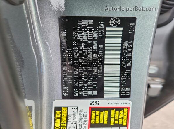 4T1DAACK6SU539148 2025 TOYOTA CAMRY Gray Вид наклейки з VIN-кодом